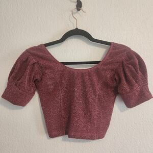 Women's Size X-Large Small Cropped Glitter Dark‎ Pink Puff Sleeve Blouse New